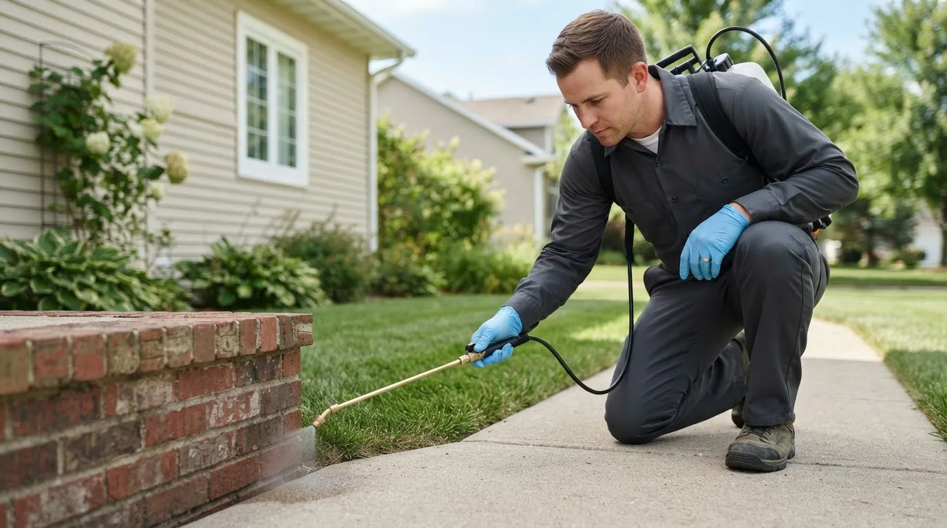 Pest control technician treating a home near Portsmouth, NH